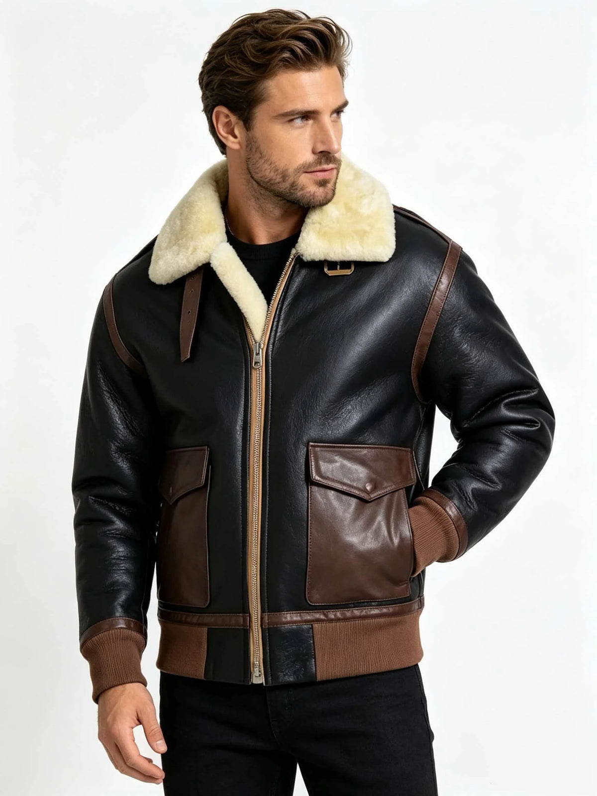 Men's Genuine Sheepskin Shearling Jacket A2 Flight Style Black Brown Fur Collar Winter Bomber Pilot Coat Thick Warm Jacket