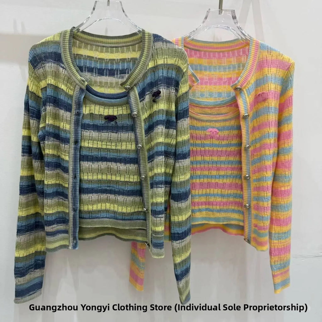 Colorful Striped Knitted Vest Hollow out Slimming U-Neck Summer Cardigan Fashionable Women's Clothing Breathable Ice Silk