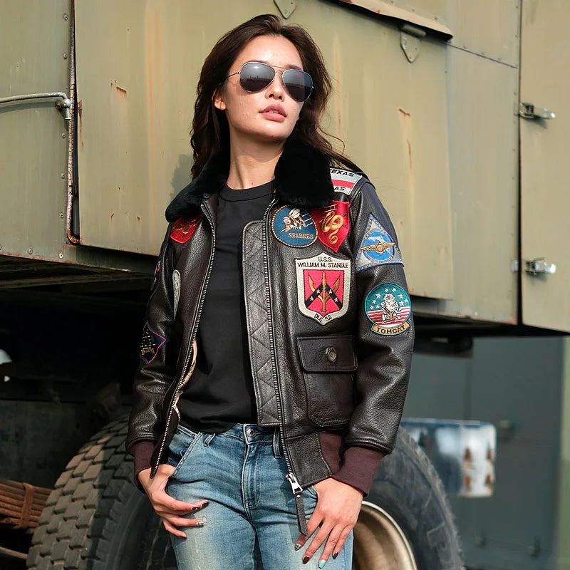 Black Autumn Leather Jacket Women Retro Style Plus Size 3XL Genuine Natural Cowhide Turn-Down Collar Military G1 Flight Coat