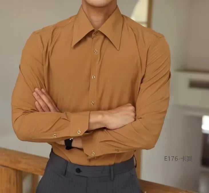 Men's Long Sleeve Business Shirt Fall Fashion French Style Big Collar Slim Fit Empire Collar Iron Free Breathable Machine Was...