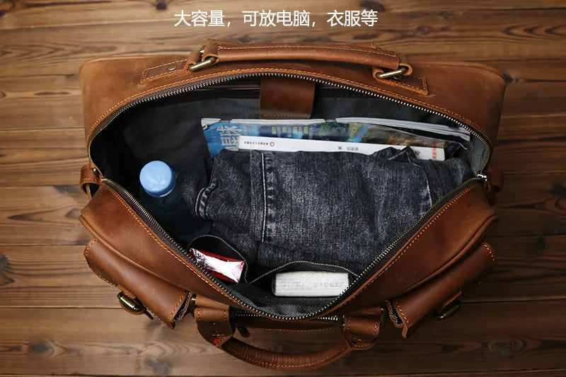 Retro Men's Leather Handbag Top Layer Cowhide Briefcase Large Capacity Travel Bag Crazy Horse Leather Laptop Shoulder Bag NZPJ