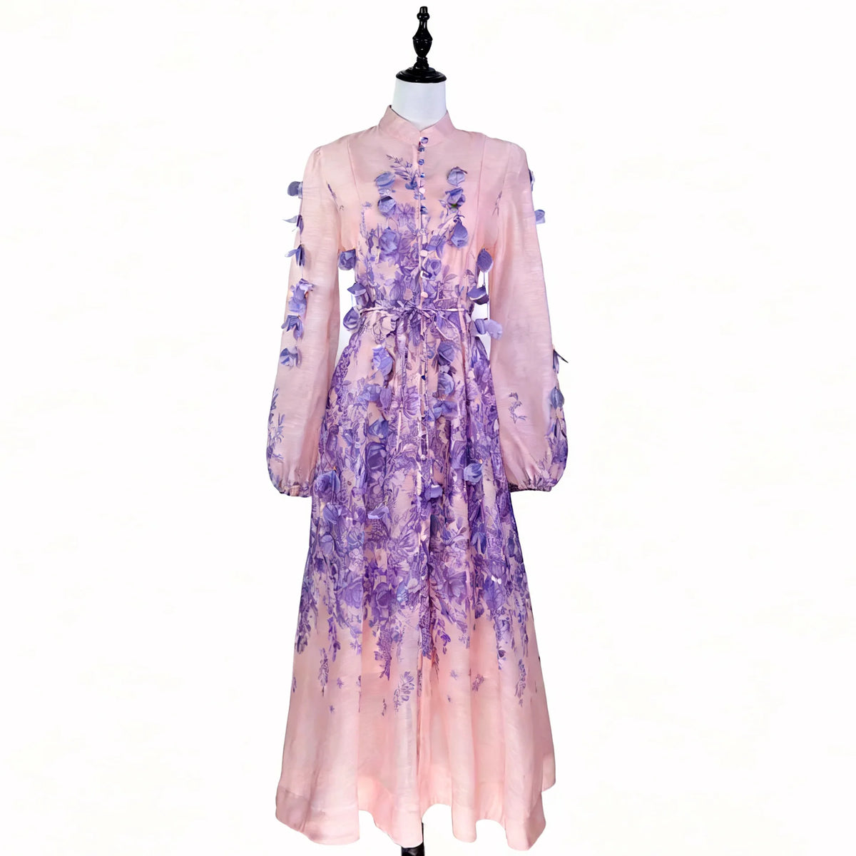 Elegant Street Style Long Dress with Lantern Sleeves Single Button Stand Collar Floral Print High-End Feeling for Ladies