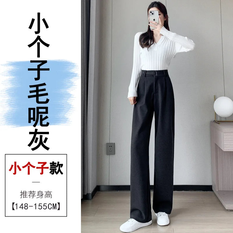 Thickened Fleece Lined Winter Wide Leg Pants High Waist Floor Length Straight Cut Casual Trousers for Women Woolen Suiting