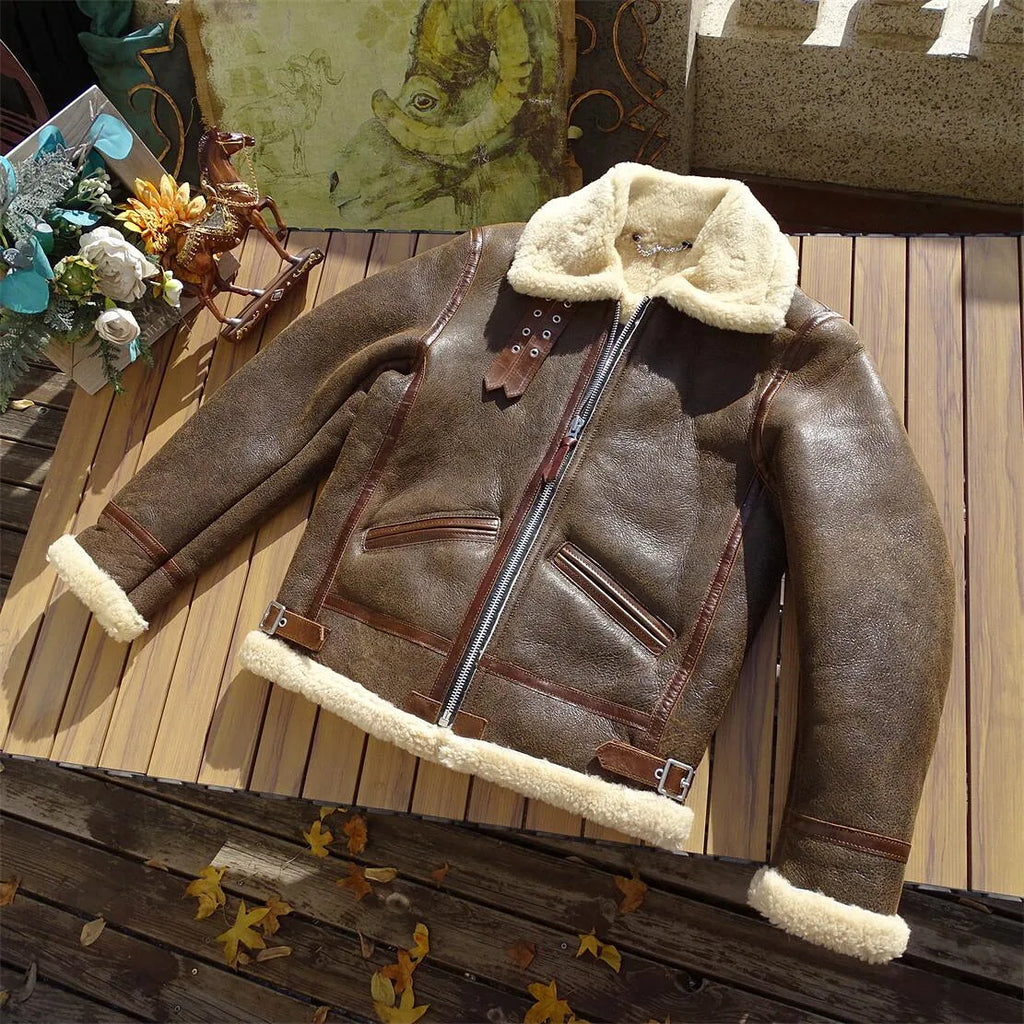 Dark Brown Winter Shearling Jacket Men Retro Style Plus Size 4XL Genuine Natural Thick Sheepskin Turn-Down Collar Flight Coat