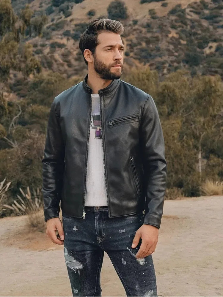 Black Winter Leather Jacket Men Sports Style Plus Size 4XL Genuine Natural Thick Cowhide Stand Collar Slim Fit Leather Coat