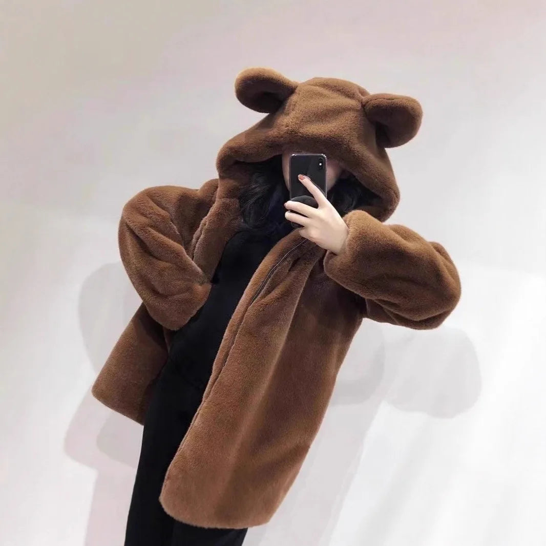 Autumn Winter Thickened Bear Ear Hooded Coat Women's Fashionable Fluffy Simulation Fur Jacket Cute Long-Line Casual Outfit