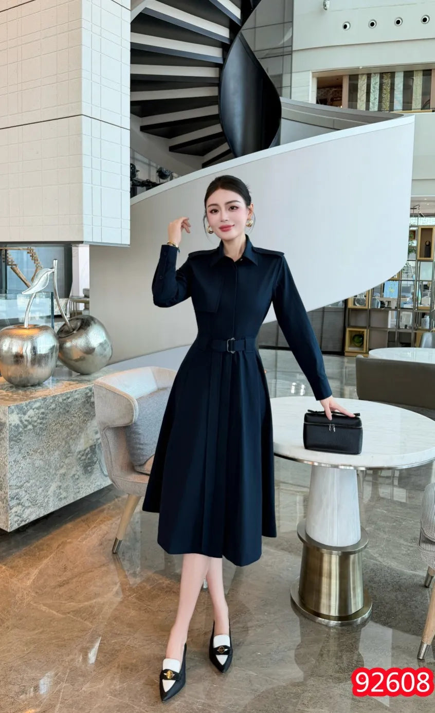 Blue Khaki Waist-Cinching Long Sleeve Midi Dress Women's New Style French Elegant Coat Dress Cotton Pure Color A-Line Skirt