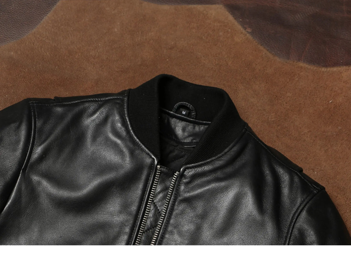 Black Winter Leather Jacket Men Military Style Plus Size 5XL Genuine Natural Sheepskin Thick Warm MA1 Flight Leather Coat
