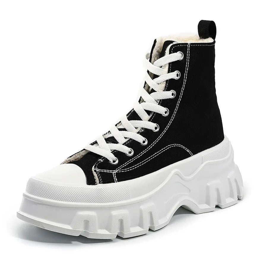 Winter Warm Thick Bottom High Top Canvas Boots Women's Shoes Large Size Black Lace-Up Short Boots Heightening Modern Dance