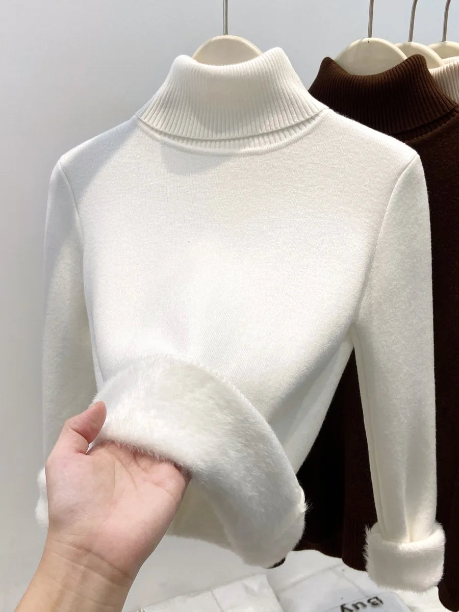 Thickened High Collar One-Piece Fleece Knitted Sweater Women Winter Slim Fit Inner Wear Fashionable Basic Style Base Shirt