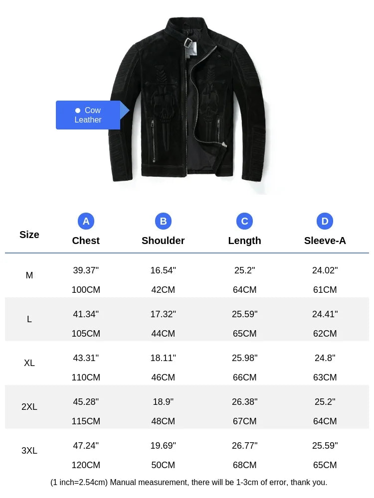 Black Winter Leather Jacket Men Vintage Style Plus Size 3XL Genuine Natural Thick Cow Suede Stand Collar Skulls Pattern Coat