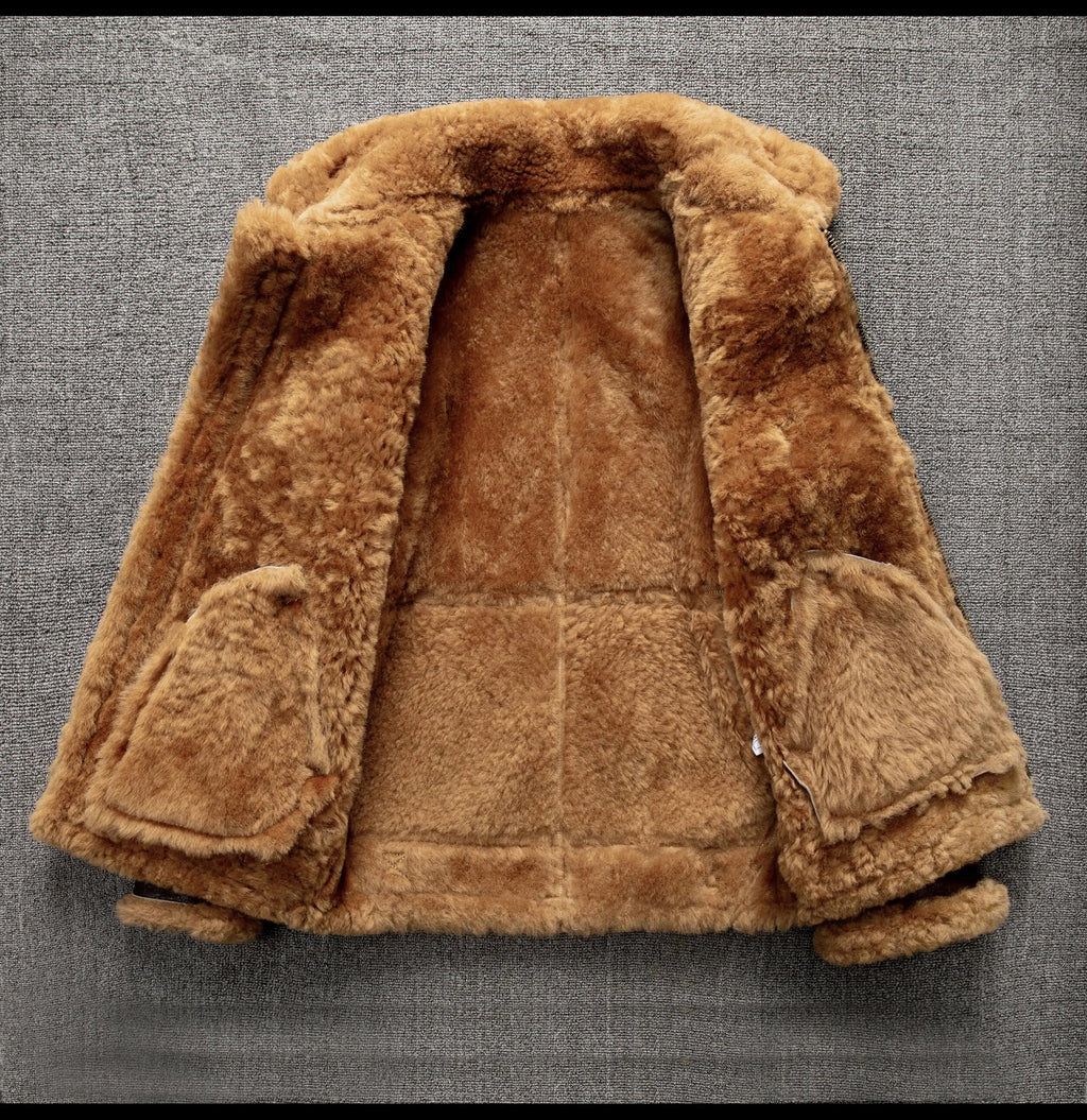 Brown Winter Shearling Jacket Men Retro Style Plus Size 5XL Genuine Natural Sheepskin Turn-Down Collar Thick Warm B3 Flight Coat