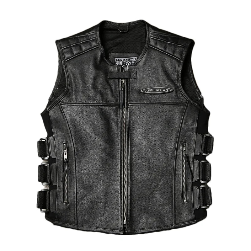 Men's Black Leather Motorcycle Vest Genuine Cowhide Biker Sleeveless Jacket Zip Front Side Lace-Up Multi-Pocket Club Style