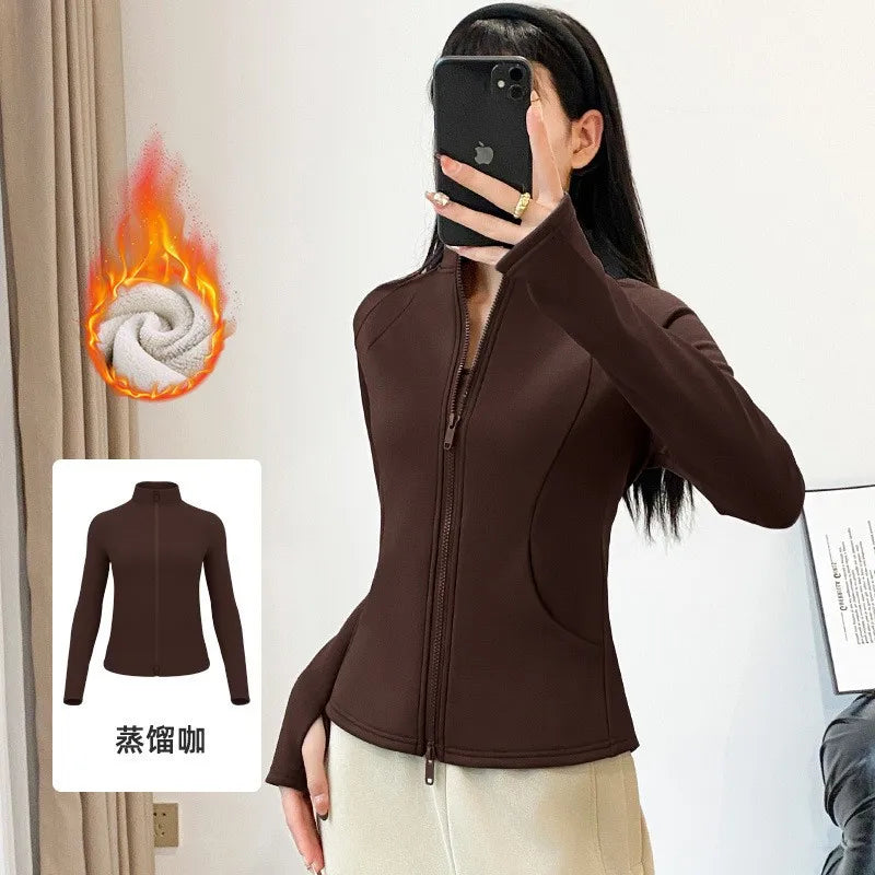 Fleece Lined Thickened Double Zipper Yoga Jacket Women's Autumn Winter Sporty Slim Fit All-Match Windproof Warm Top