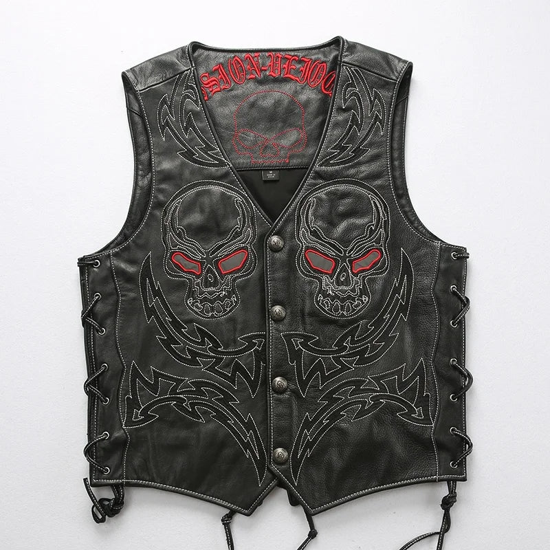 Black Four Seasons Leather Vest Men Sports Style Plus Size 5XL Genuine Natural Cowhide Single Breasted Skulls Embroidery Vest