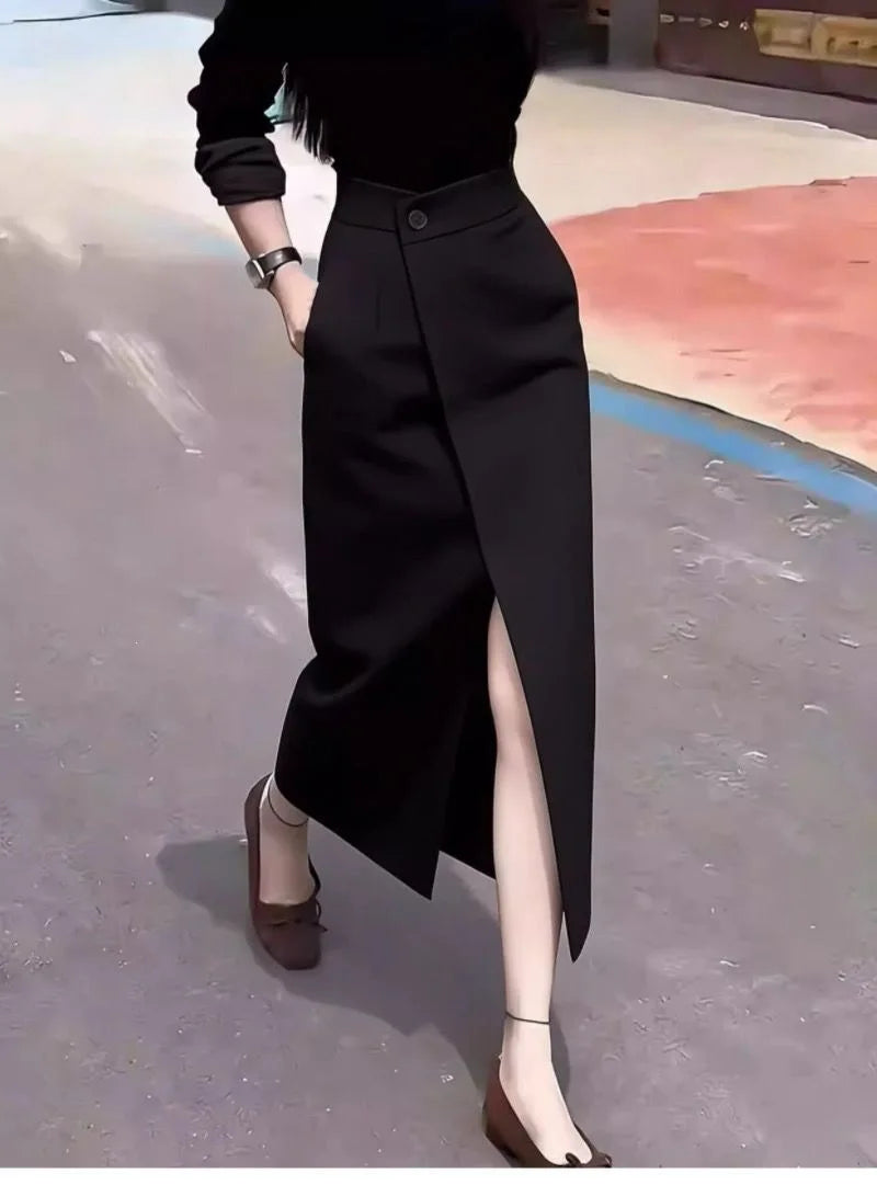 Black Asymmetric Suit Skirt Women's Spring Summer New High Waist Slimming Fashionable Midi Skirt New Arrival Casual Elegant