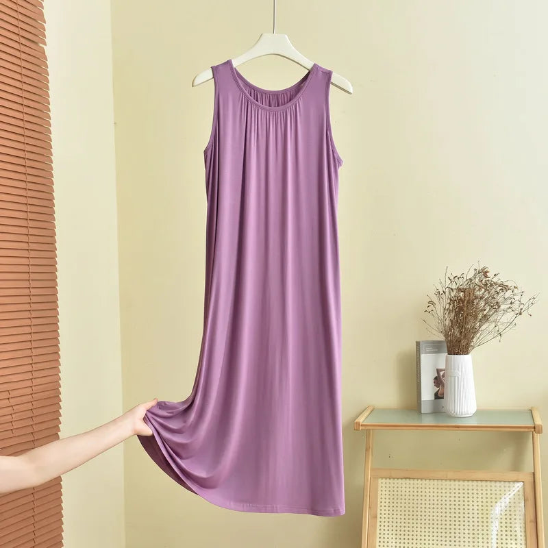 Loose Long Modal Dress Women's Summer Casual Home Clothes Outdoor Wear Vest Sleep Dress Straight Cut High Waist Midi Dress