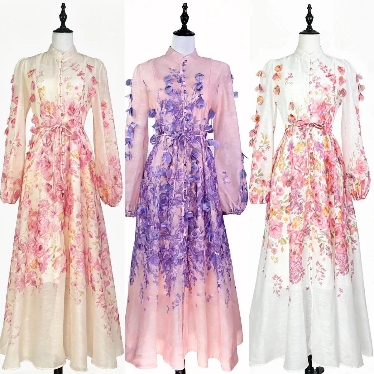 Elegant Street Style Long Dress with Lantern Sleeves Single Button Stand Collar Floral Print High-End Feeling for Ladies