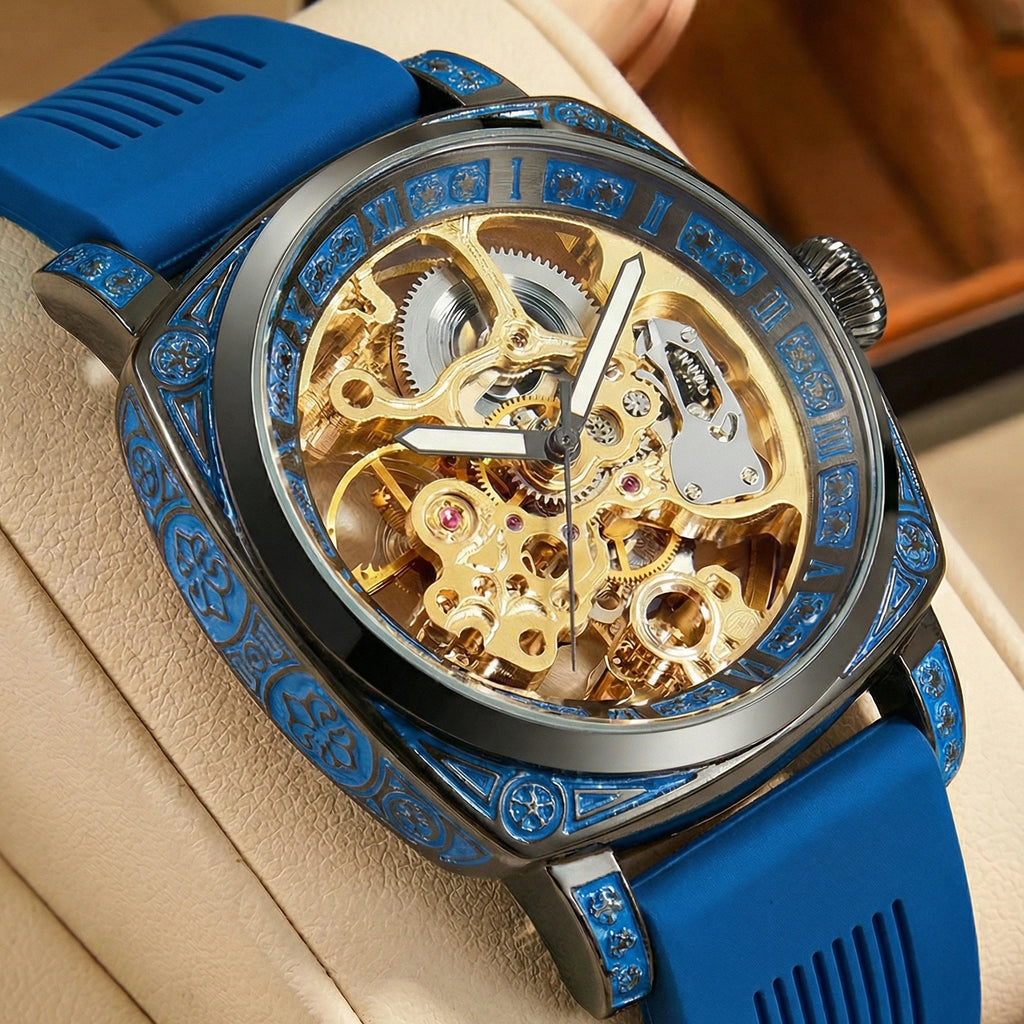 New Men's Watch with Gold Green Belt, Retro Style, Noble and Elegant Night Light Carving, Fully Automatic Mechanical Watch