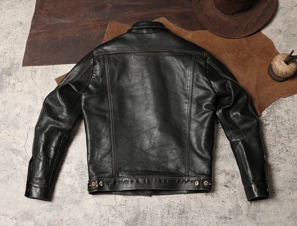 Black Autumn Leather Jacket Men Retro Style Plus Size 4XL Genuine Natural Thick Cowhide Single Breasted Casual Denim Coat