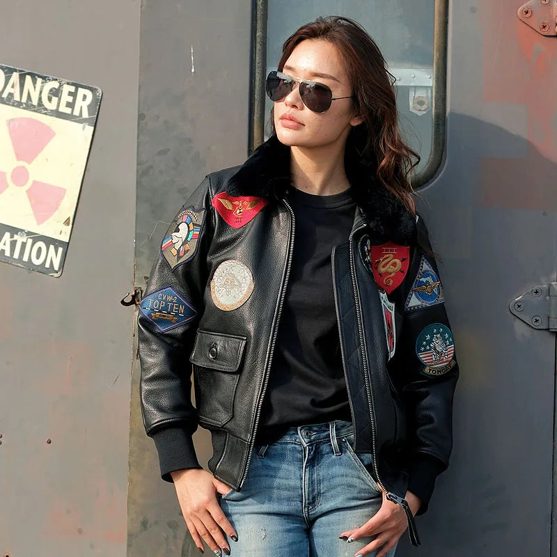 Black Autumn Leather Jacket Women Retro Style Plus Size 3XL Genuine Natural Cowhide Turn-Down Collar Military G1 Flight Coat