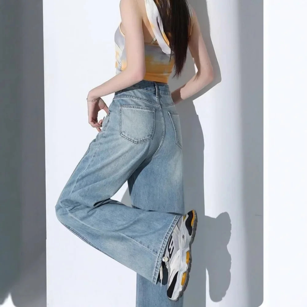 American Style High Waist Loose Women's Blue Jeans Retro Straight Leg Pants Drapey Floor-Length Trousers Versatile Wide Leg Pant