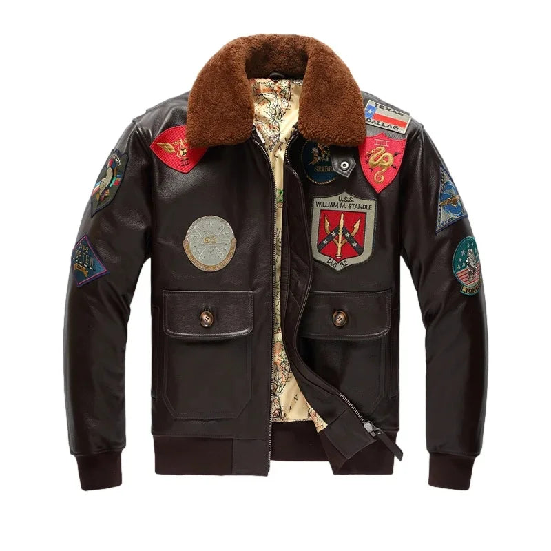 Dark Brown Pilot Leather Jacket Men Retro Style Genuine Natural Thick Cowhide Wool Collar Winter Military G1 Flight Coat