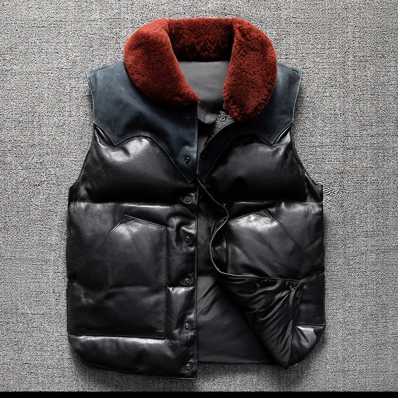 Black Blue Winter Vest Men Retro Style Plus Size 5XL Genuine Natural Sheepskin Wool Collar Single Breasted Spliced Down Vest