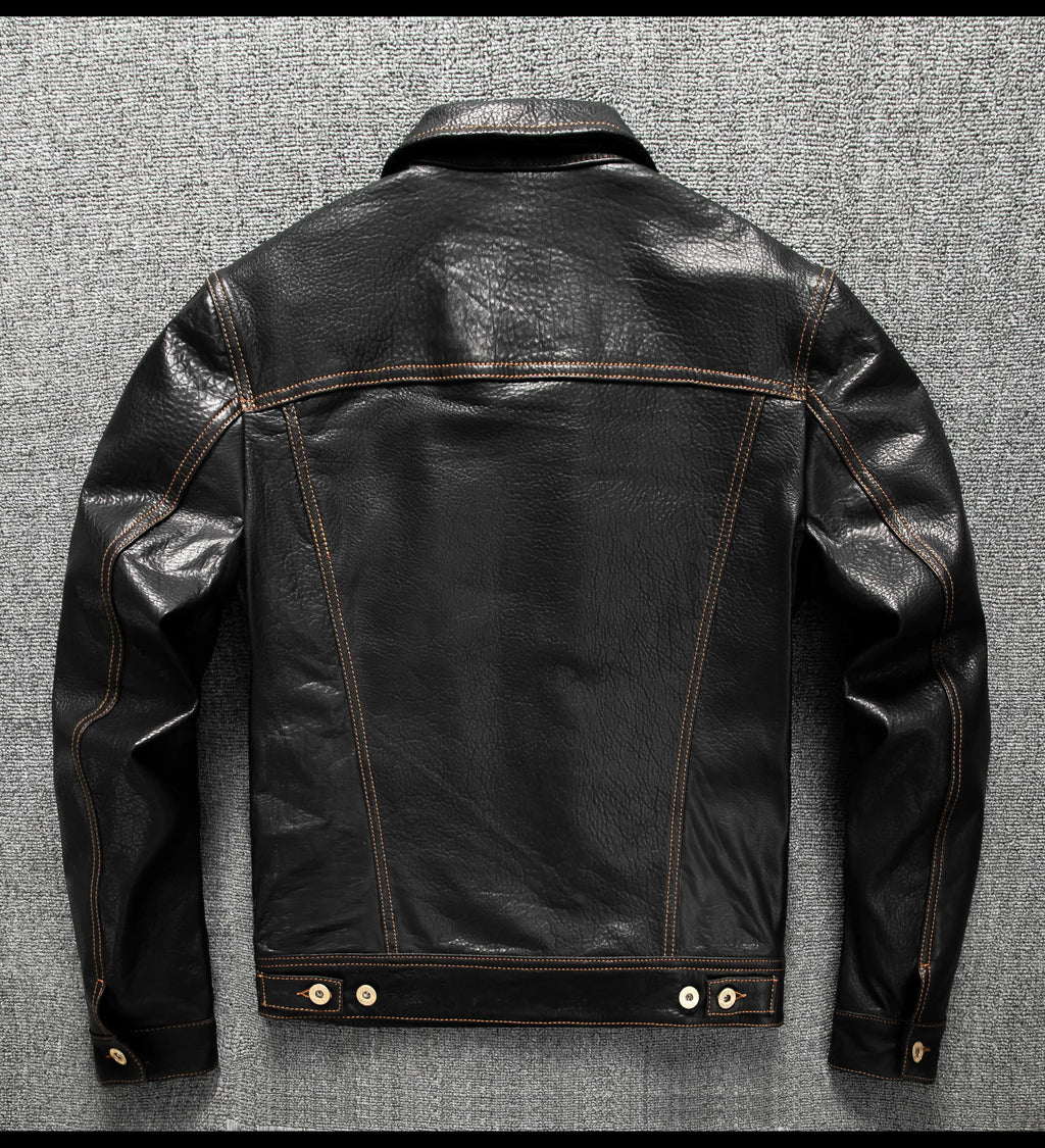 Men's Genuine Sheepskin Leather Trucker Jacket Black Type III Denim Cut Cream Contrast Stitch Brass Snap Short Casual Coat