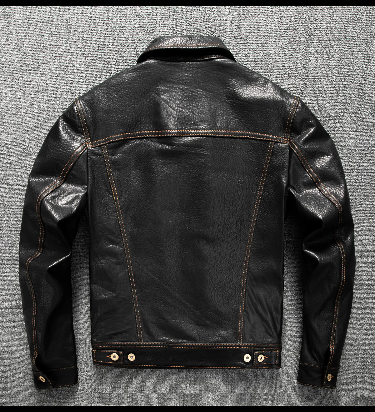 Men's Genuine Sheepskin Leather Trucker Jacket Black Type III Denim Cut Cream Contrast Stitch Brass Snap Short Casual Coat