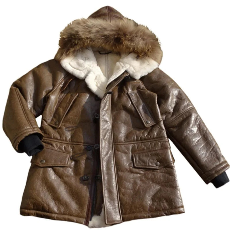 Brown Hooded Winter Shearling Jacket Men Casual Style Plus Size 5XL Genuine Natural Sheepskin Thick Warm Leather Coat
