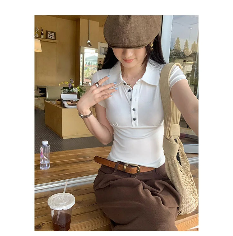 American Style Collared Short Sleeve T-Shirt Women Summer Slim Fit Flattering Short Length Fashionable Casual Commute Wear