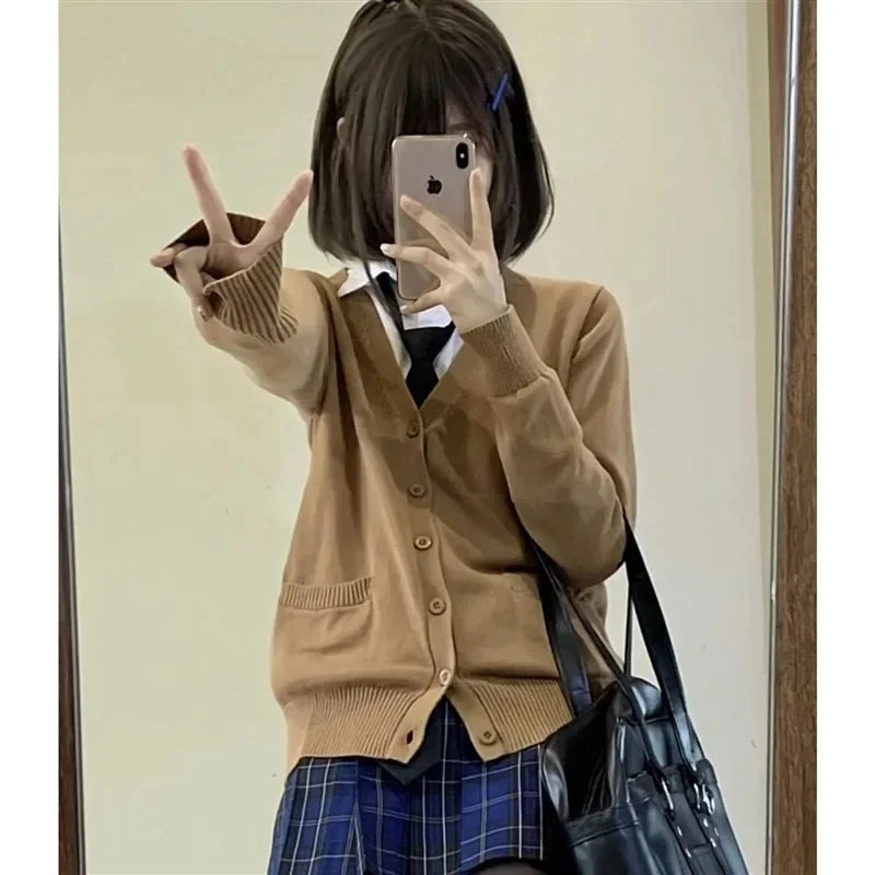 Women's Autumn/Winter Japanese Style Knitted Cardigan Sweater Preppy Style Long Sleeve Loose-Fit Top Layered Polo Collar