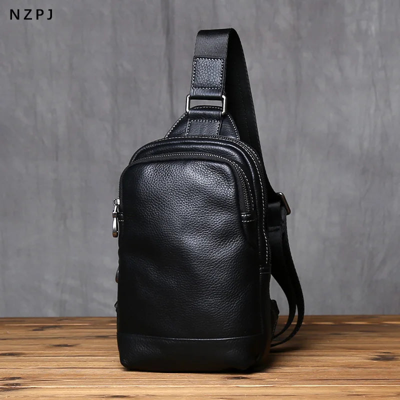 NZPJ Genuine Leather Men's Chest Bag Casual Crossbody Bag Top Layer Cowhide Men's Bag Trendy Tablet Computer Bag Trendy Backpack