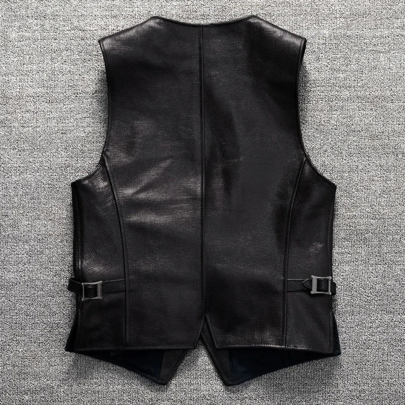 Black Spring Leather Vest Men Casual Style Plus Size 5XL Genuine Natural Sheepskin Single Breasted Short Sleeveless Coat