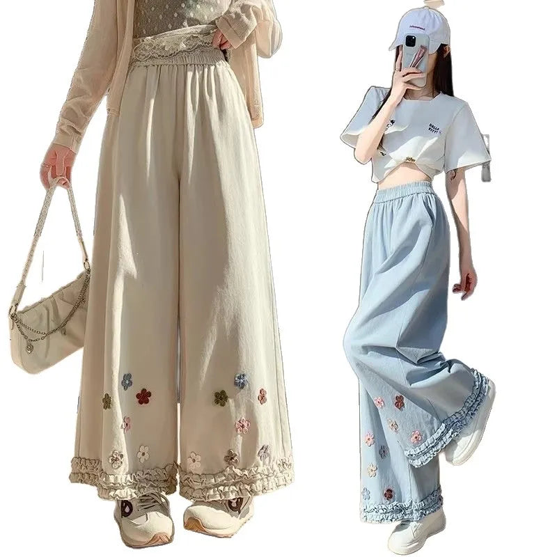 High Waist Thin Wide Leg Pants Women's Spring Summer Fashion Casual Loose Fit Nine Point Straight Cut Pants Lace Trim