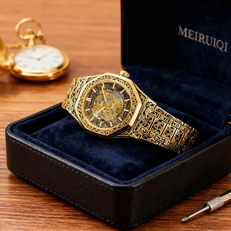 A men's yellow casual style high aesthetic fully automatic precision carved pattern stud mechanical watch