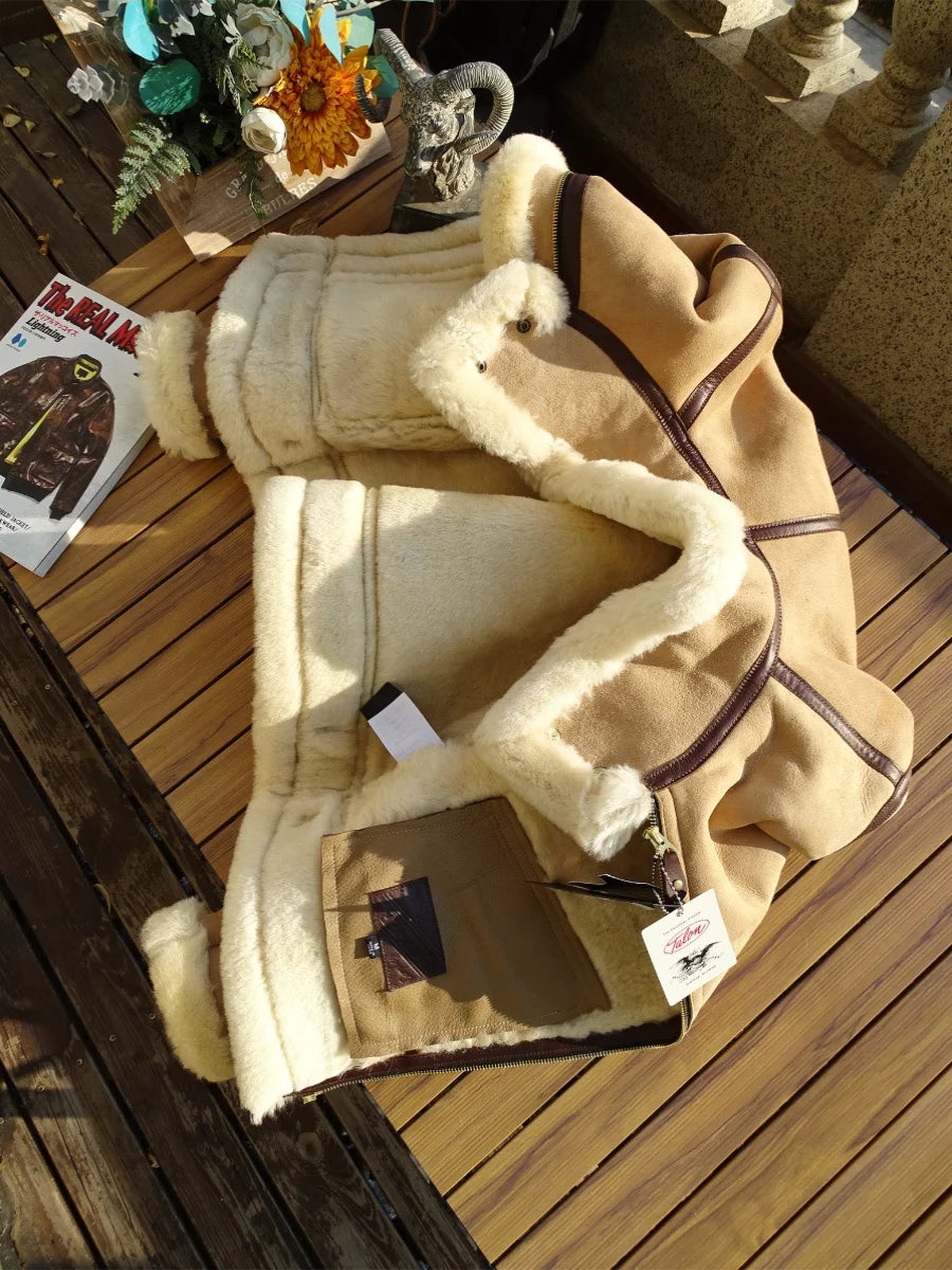 Light Brown Winter Shearling Jacket Men Retro Style Plus Size 4XL Genuine Natural Thick Sheepskin Warm Leather Coat