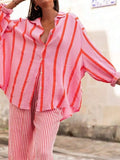 Women's Long Sleeve Button Cardigan Striped Shirt Slim Fit Polo Collar Full Length Autumn Winter New Style Cross Border Independ