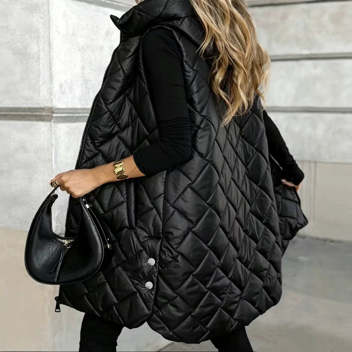 plus Size Women's Casual Hooded Vest Polyester Fabric Street Style Straight Cut Long Sleeve Zipper Closure Fashionable Outerwear