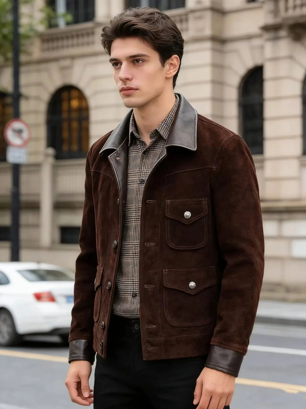 Red Brown Winter Leather Jacket Men Retro Style Plus Size 6XL Genuine Natural Cow Suede Turn-Down Collar Single Breasted Coat