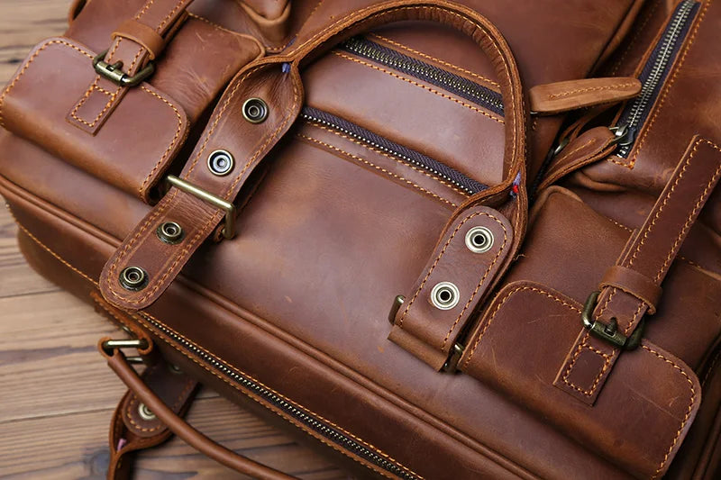 Retro Men's Leather Handbag Top Layer Cowhide Briefcase Large Capacity Travel Bag Crazy Horse Leather Laptop Shoulder Bag NZPJ