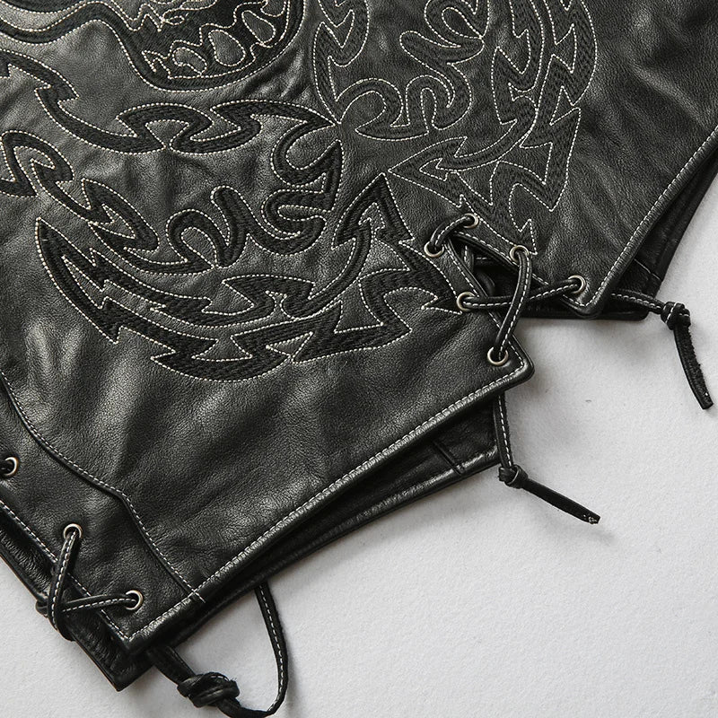 Black Four Seasons Leather Vest Men Sports Style Plus Size 5XL Genuine Natural Cowhide Single Breasted Skulls Embroidery Vest