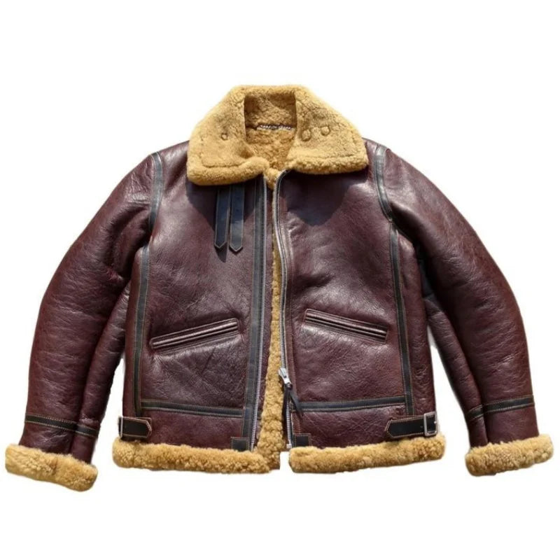 Purple Winter Shearling Jacket Men Military Style Plus Size 5XL Genuine Natural Thick Sheepskin Turn-Down Collar Flight Coat