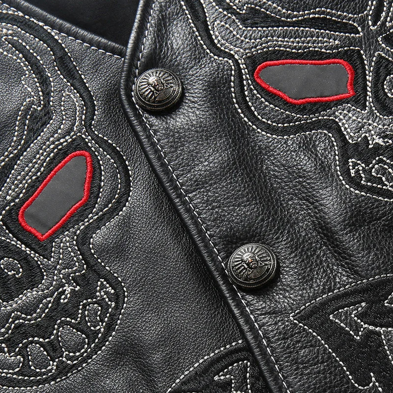 Black Four Seasons Leather Vest Men Sports Style Plus Size 5XL Genuine Natural Cowhide Single Breasted Skulls Embroidery Vest