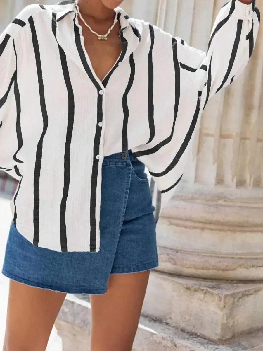 Women's Long Sleeve Button Cardigan Striped Shirt Slim Fit Polo Collar Full Length Autumn Winter New Style Cross Border Independ