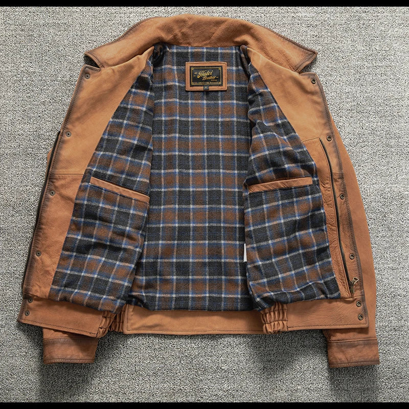 Orange Winter Leather Jacket Men Vintage Style Plus Size 5XL Genuine Natural Cowhide Turn-Down Collar Retro Mounted Police Coat