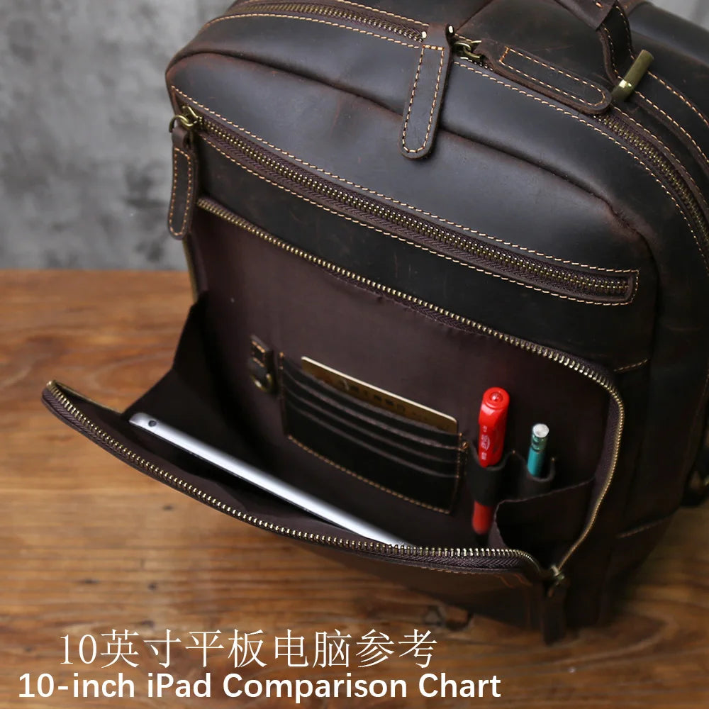 NZPJ Vintage Genuine Leather Men's Backpack Top-Grain Cowhide Business Laptop Bag Crazy Horse Leather Travel Bag For Business