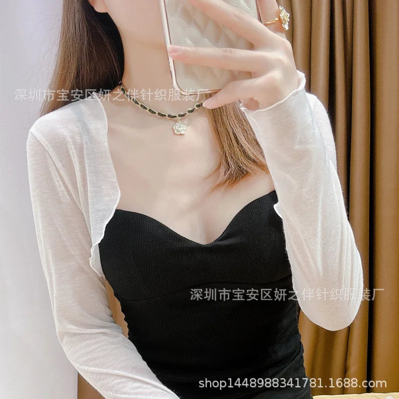 Women's Short Sleeveless Tank Top Outerwear Silk Shawl Cardigan Summer Fashion Ice Silk Cover up French Style Small Cannon