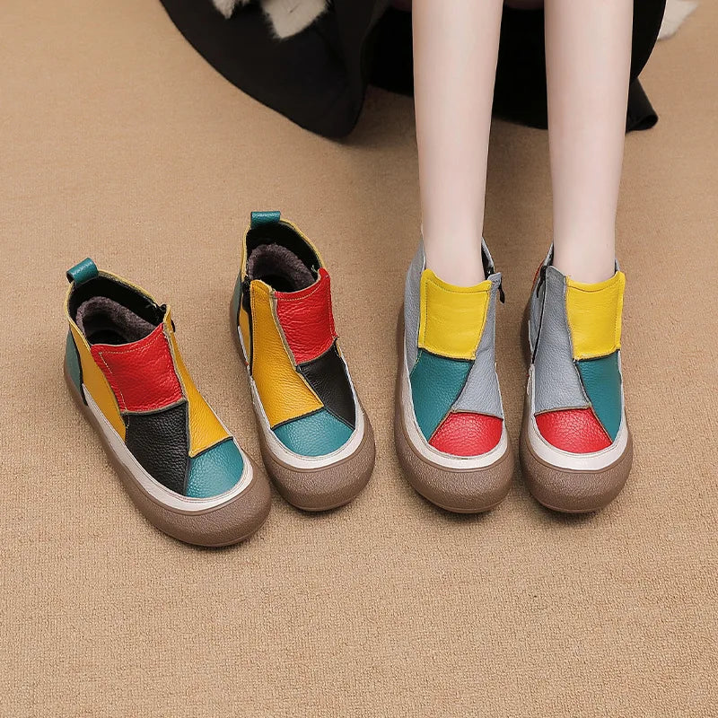 Comfortable Casual Women's Short Boots Spring Autumn Winter Seasonal Wear Breathable Warm Leather Slip-On Shoes Color Block D...